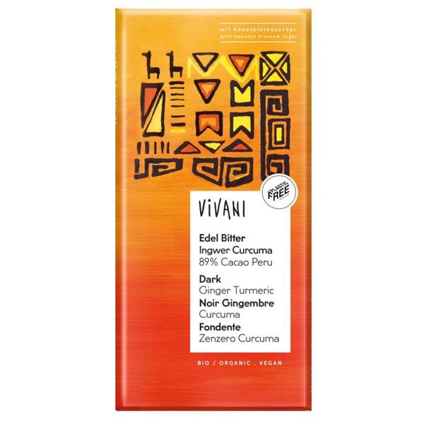VIVANI CHOCOLATE NEGRO JENGIBRE Y CURCUMA 89% CACAO 80 G